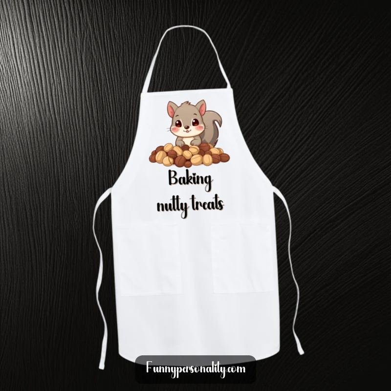 Funny apron showing a squirrel peeking from a pile of nuts. Ideal for kitchen enthusiasts who love to collect.