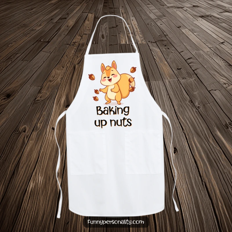 Funny Apron: A gleeful squirrel juggling acorns with a smile, perfect kitchen wear for those who cook with joy and enthusiasm.