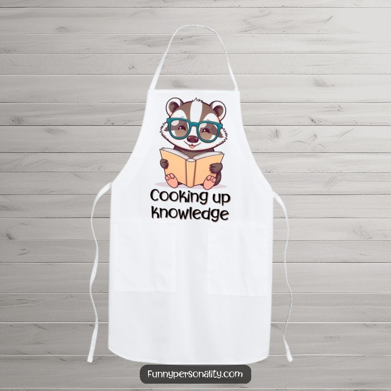 Funny apron: a badger in large glasses reading a book, ideal for cooks who love learning.