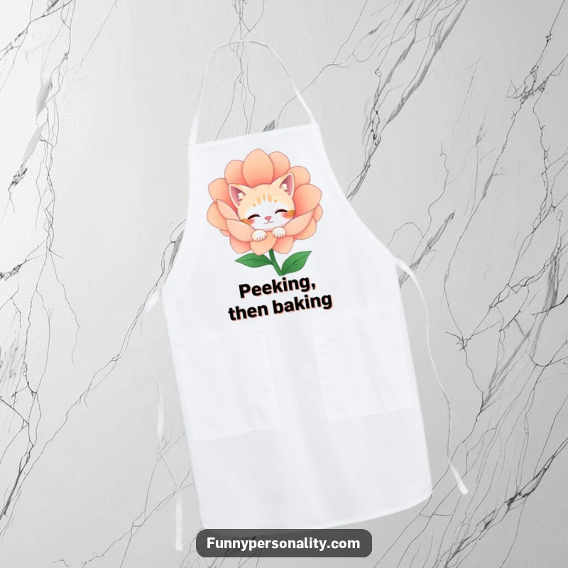 Funny Apron: A shy cat character peeks from behind a large, colorful flower, adding a touch of timid humor to cooking duties.