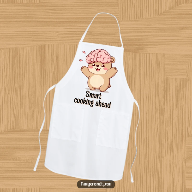 Funny bear character apron depicting a chubby bear playfully tossing a smiling brain, perfect for cooking.