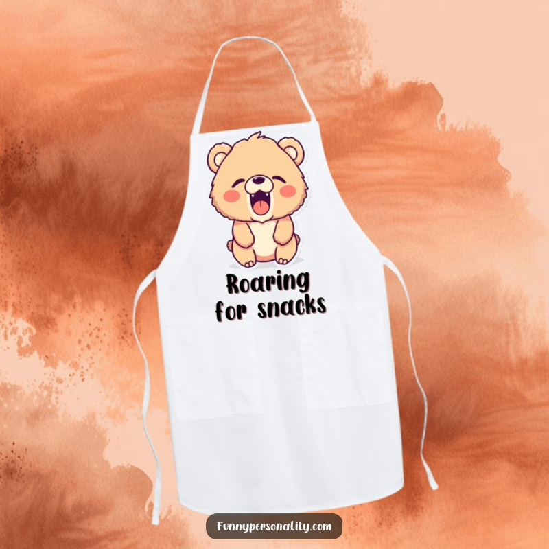 Funny bear apron: a kitchen apron featuring a fluffy bear character executing a tiny, silent, yet excited roar.