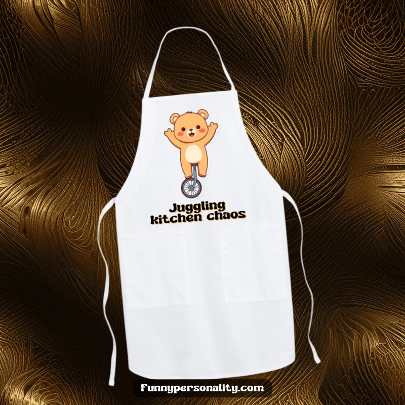 Funny bear apron depicting a cute character performing a unicycle trick with a wave, adding humor to cooking tasks.