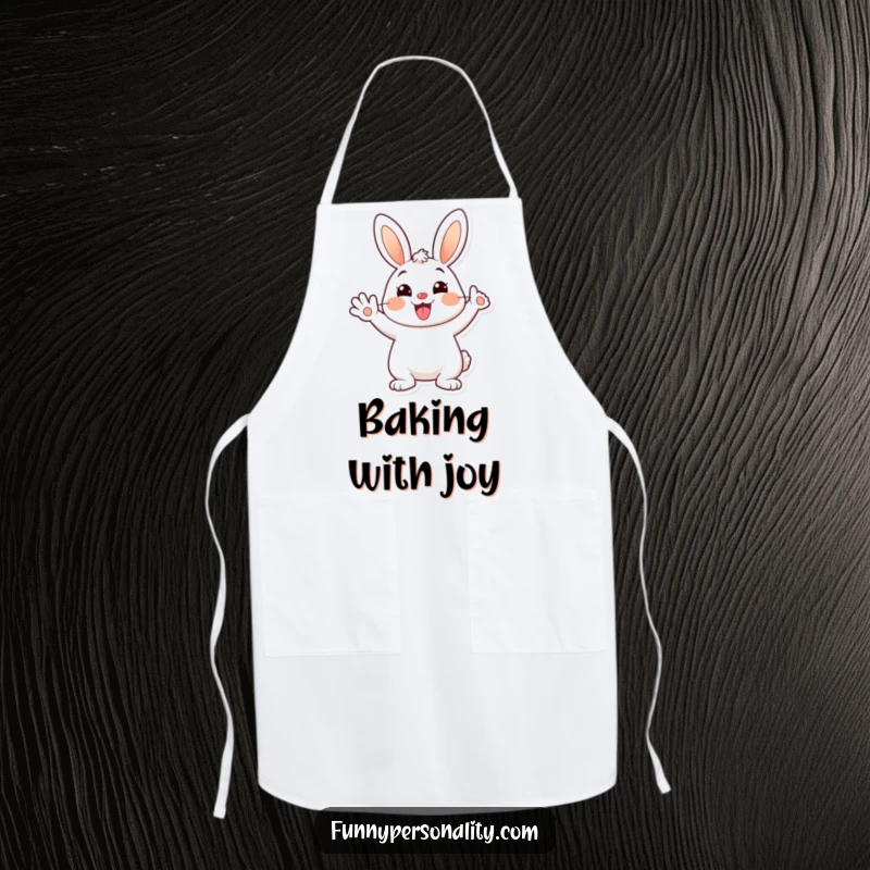 Funny kitchen apron with a cheerful cartoon bunny waving happily with a big smile, adding humor to cooking.