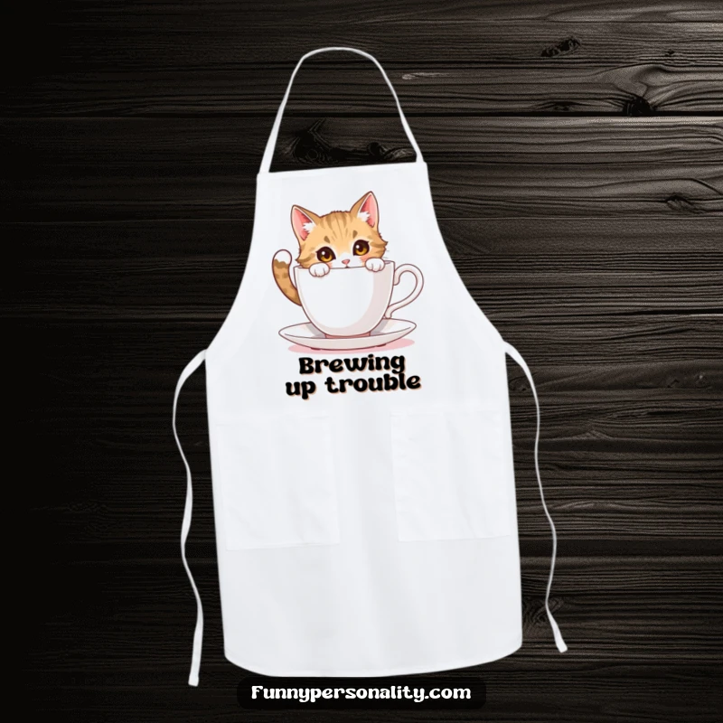 Funny cat apron: a kitchen apron with a curious cat character peeking into an impossibly large teacup while preparing food.