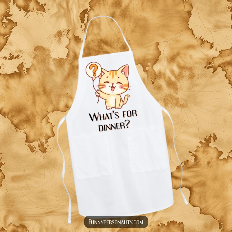 Funny Cat Question Balloon Apron: A curious cat pointing at a question mark balloon, ideal for clean cooking with a touch of humor. Gift.
