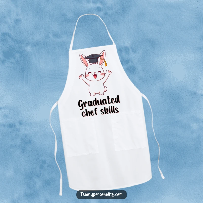 Funny apron with a happy rabbit character enthusiastically waving a tiny graduation cap, suitable for kitchen use.