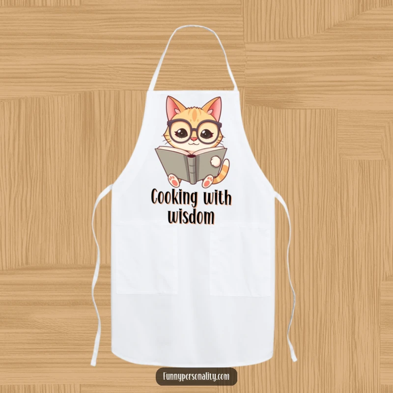 Funny apron with a silly cat wearing oversized spectacles and reading a giant book, suitable for kitchen use.