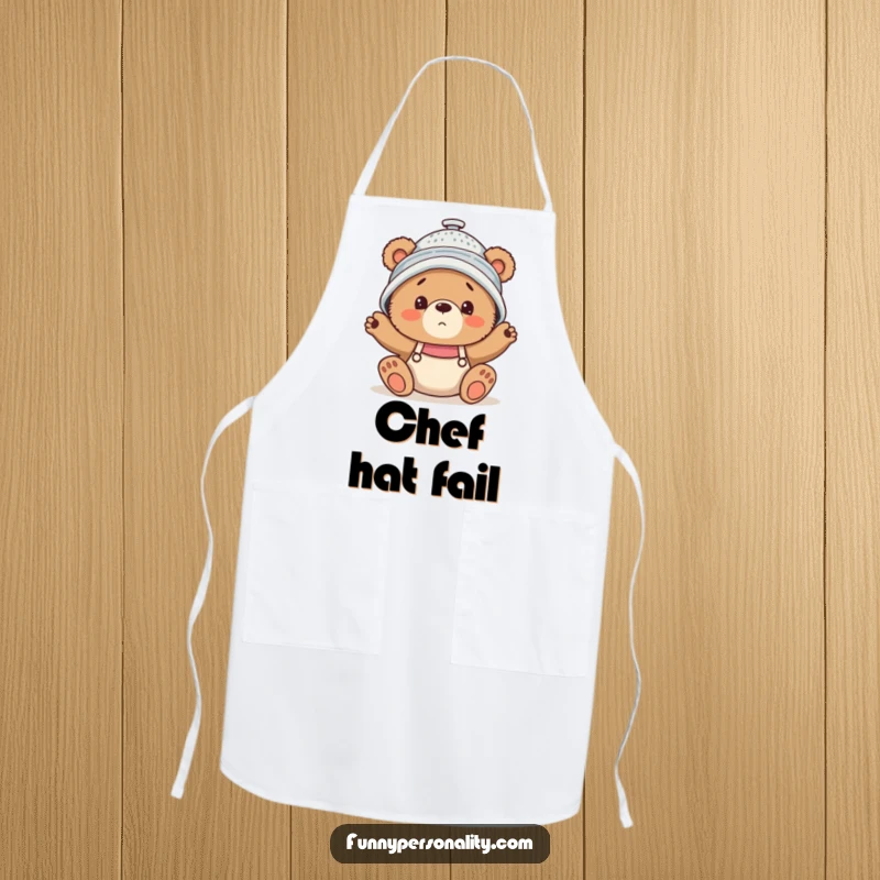 Funny Apron showcasing a confused bear cub wearing a colander as a hat, ideal for adding humor to cooking.
