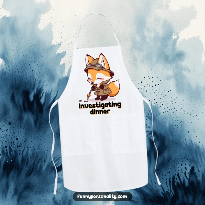 Funny detective fox apron, ready to investigate the kitchen, a humorous cooking gift.
