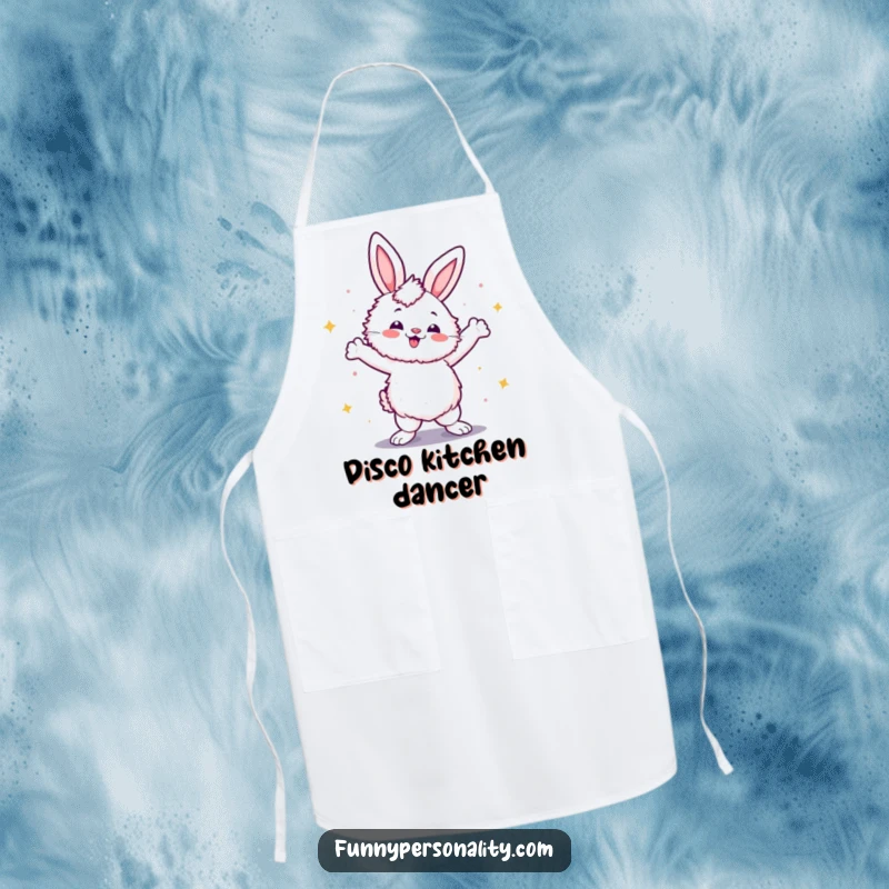 Funny apron with a fluffy rabbit striking a confident disco dance pose, perfect for kitchen fun and protecting clothes with style.