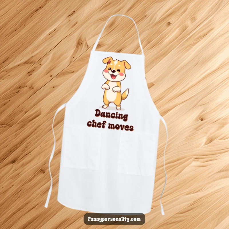 Funny apron shows a happy dog performing a funny dance move, making kitchen activities more enjoyable.