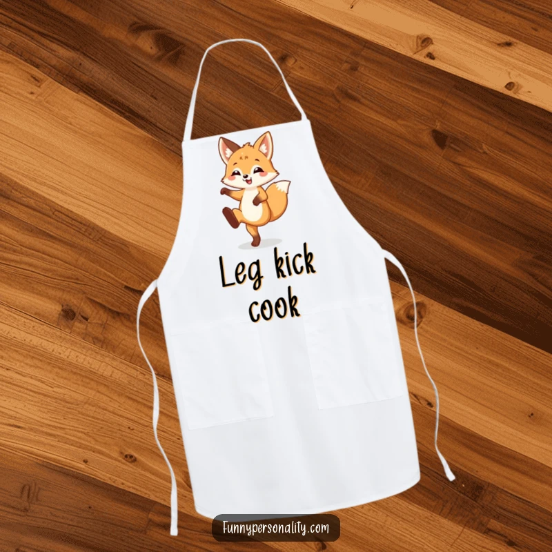 Funny Apron showcasing a happy fox cub doing a silly leg kick, ideal for adding humor to cooking.