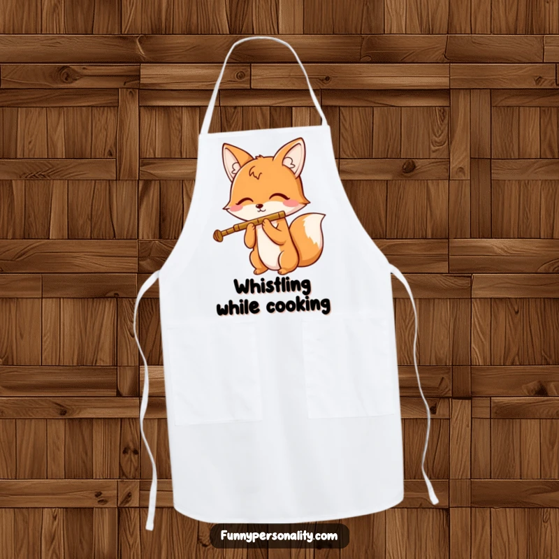 Funny apron featuring a cheerful fox character playing a tiny flute with closed eyes, adding humor and musical charm to kitchen tasks.