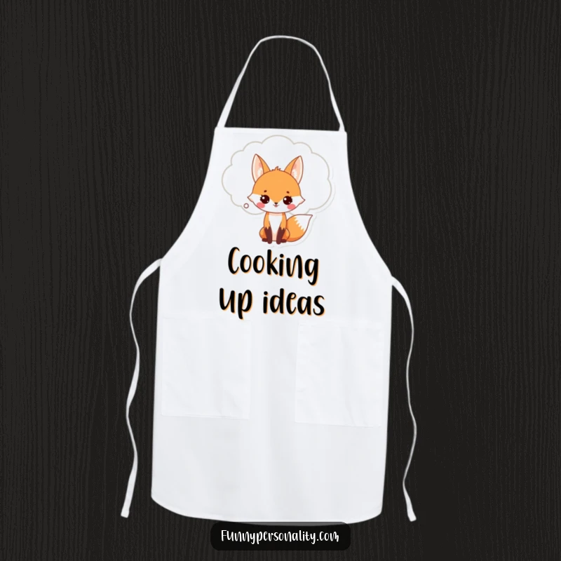 Funny Fox Apron: A cute fox wearing a huge thought bubble, ideal for protecting clothes with a dose of kitchen humor. Cooking gift.