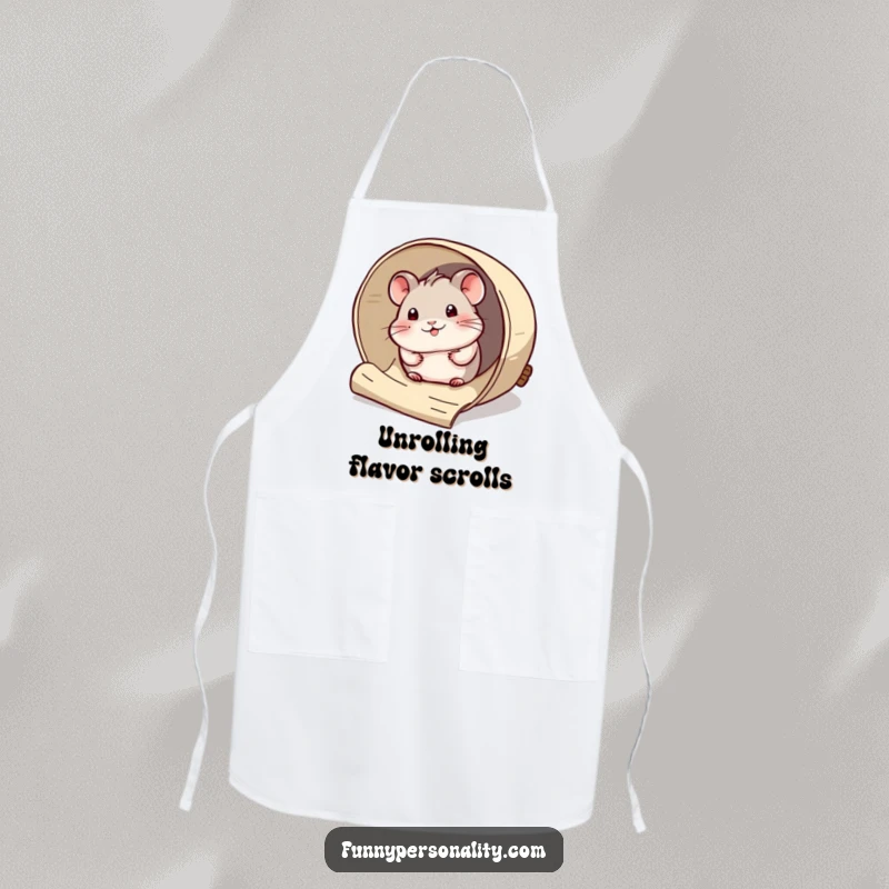 Funny Apron: A curious hamster character peeks out from a giant rolled-up scroll, a humorous and practical kitchen gift.