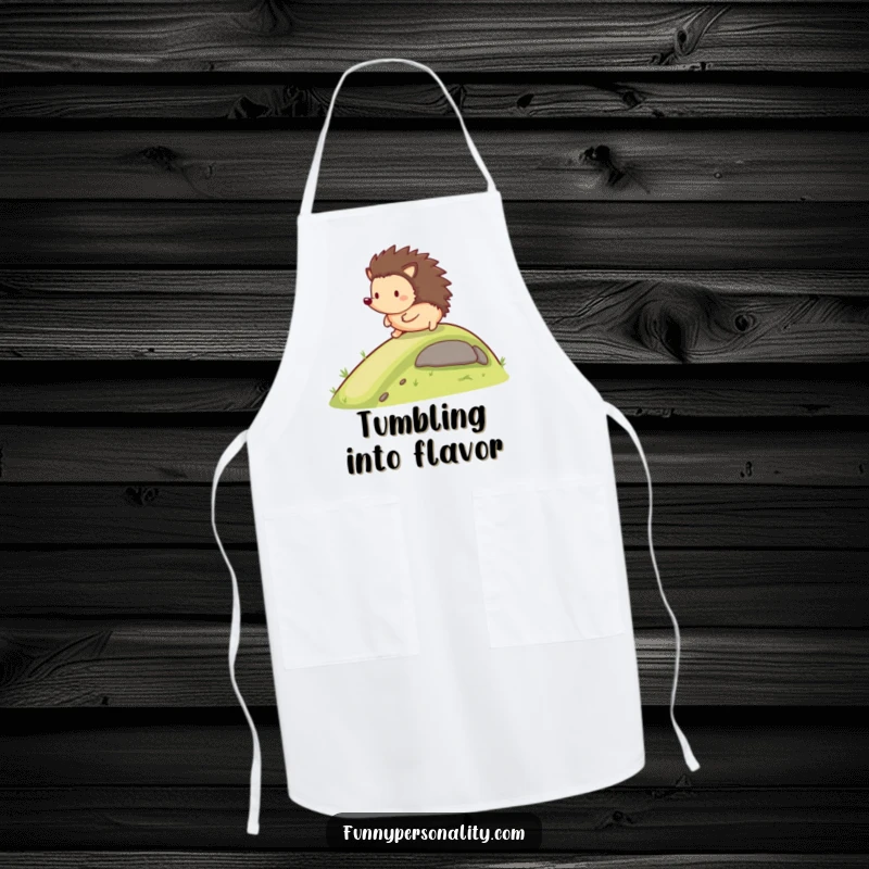Funny Apron: A happy hedgehog character rolls down a gentle slope, a humorous and practical kitchen gift.