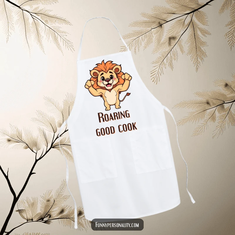 Funny apron with a proud lion character flexing its comically small, fluffy biceps, perfect for kitchen humor.