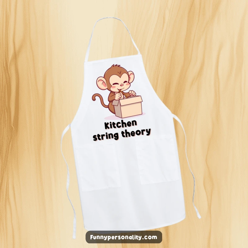 Funny monkey apron with a mischievous monkey pulling a long string from a box, perfect for kitchen adventures and humorous cooking.
