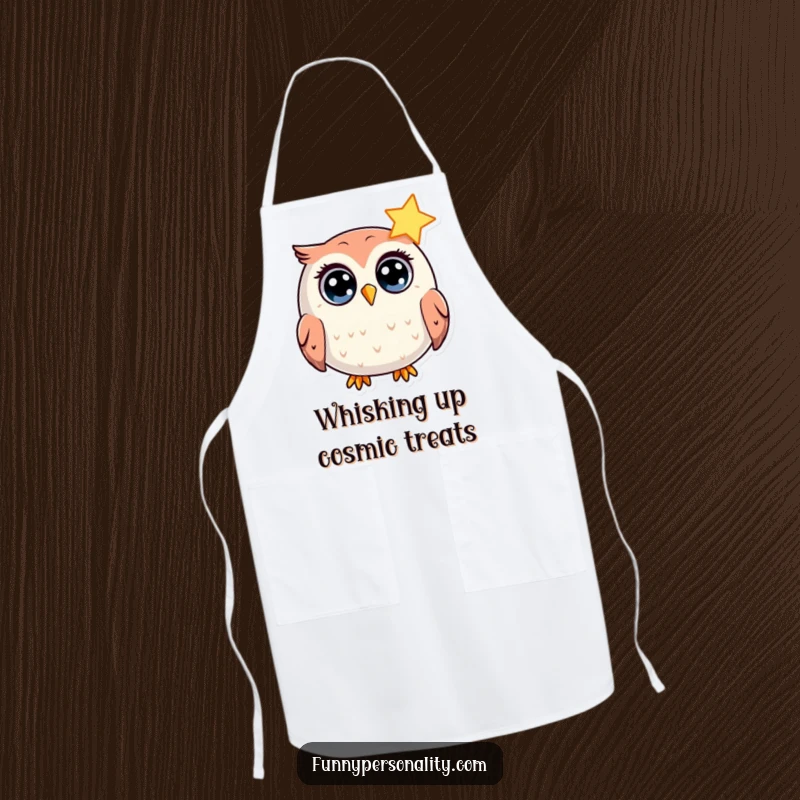 Funny Apron: A round owl character with wide eyes shows surprise while looking at a shining star, a humorous kitchen gift.