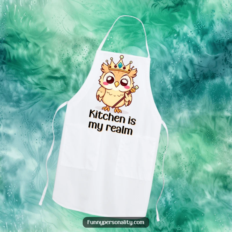 Funny owl apron with a giggling owl king holding a scepter, perfect for kitchen adventures and humorous ruling.