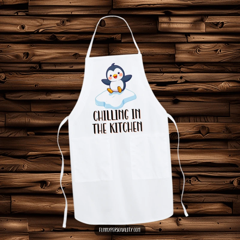 Funny apron featuring a playful penguin character sliding down an icy slope with a cheerful grin, ideal for kitchen joy.