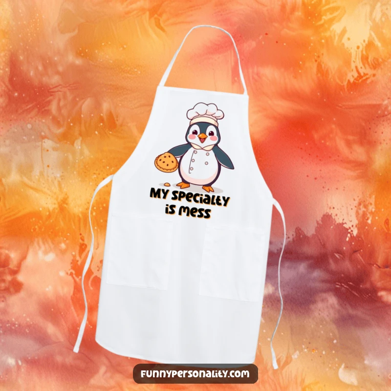 Funny apron: a penguin chef dropping a pie, ideal for keeping clean while having a laugh.