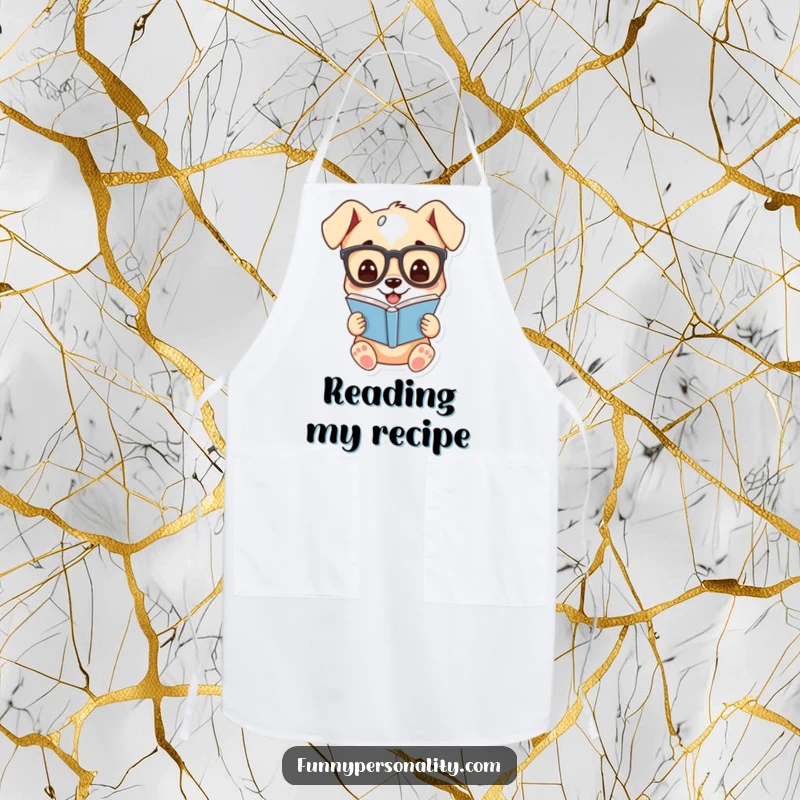 Funny kitchen apron with a cartoon puppy wearing glasses, grinning while reading a book, combining humor and learning.
