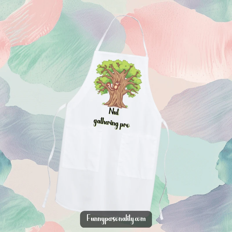 Funny apron featuring a determined squirrel climbing a tall oak tree, a humorous and practical design for the kitchen.