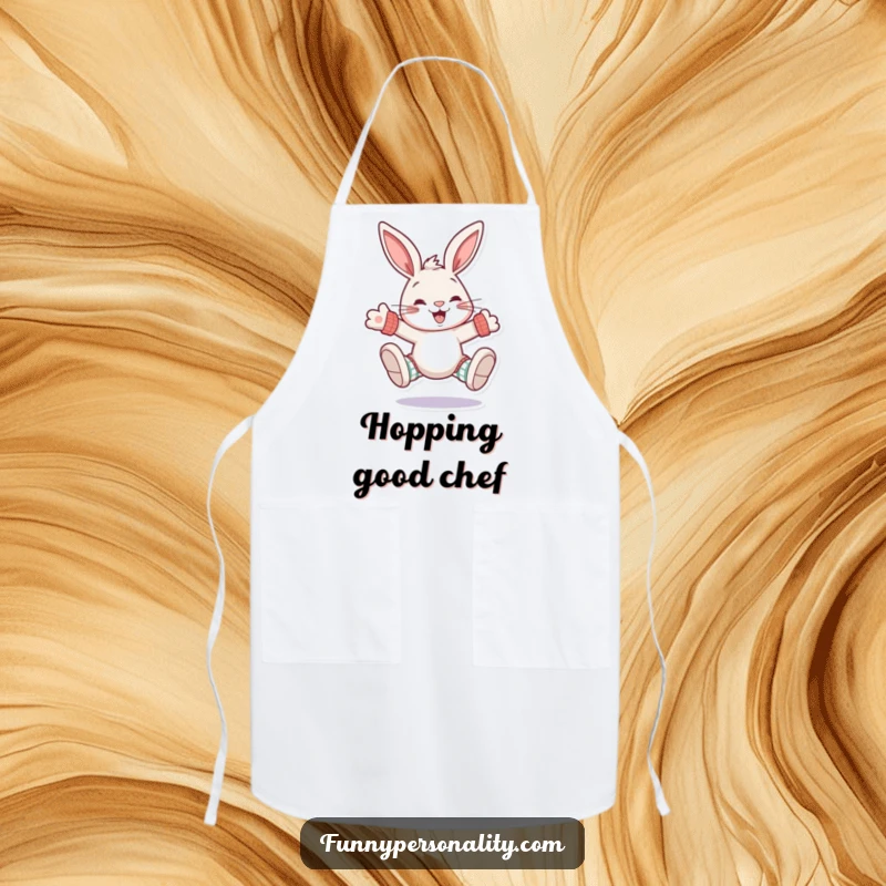 Funny rabbit apron: a kitchen apron with a grinning rabbit character sporting oversized, mismatched socks while cooking happily.