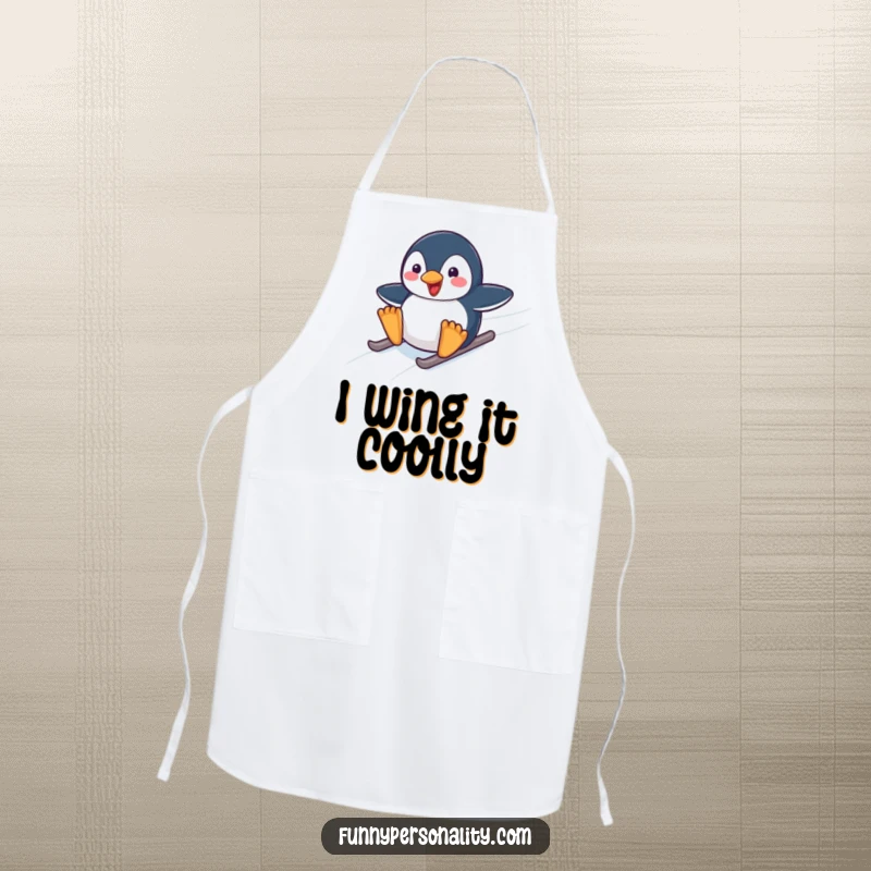 Funny apron featuring a delighted penguin character sliding swiftly down a smooth icy surface, ready for culinary fun.