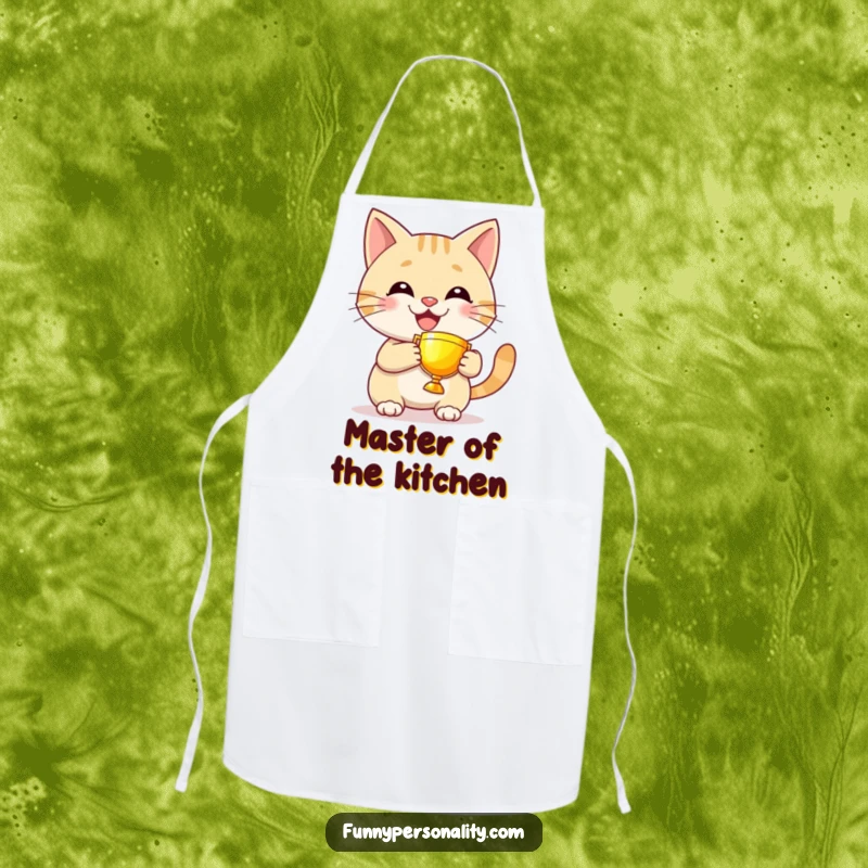 Funny cat apron showing a grinning character proudly holding a tiny, glowing trophy, adding humor to kitchen duties.
