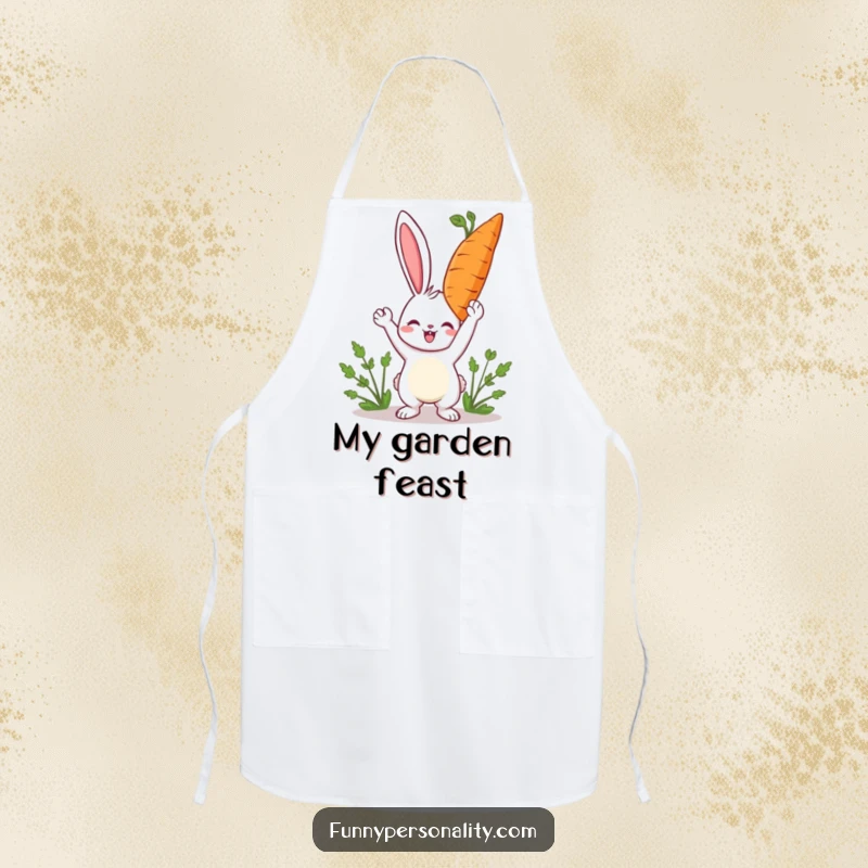 Funny rabbit apron showing a happy character holding a giant carrot, adding humor to cooking preparations.