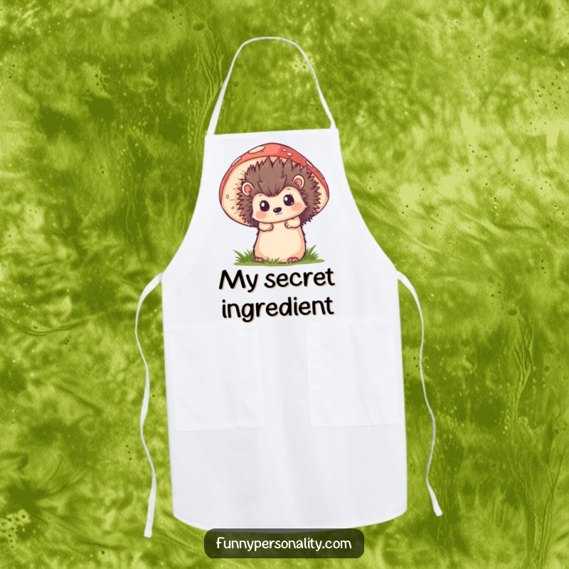 Funny apron with a curious hedgehog peeking from behind a big mushroom, ready to help in the kitchen with woodland flair.