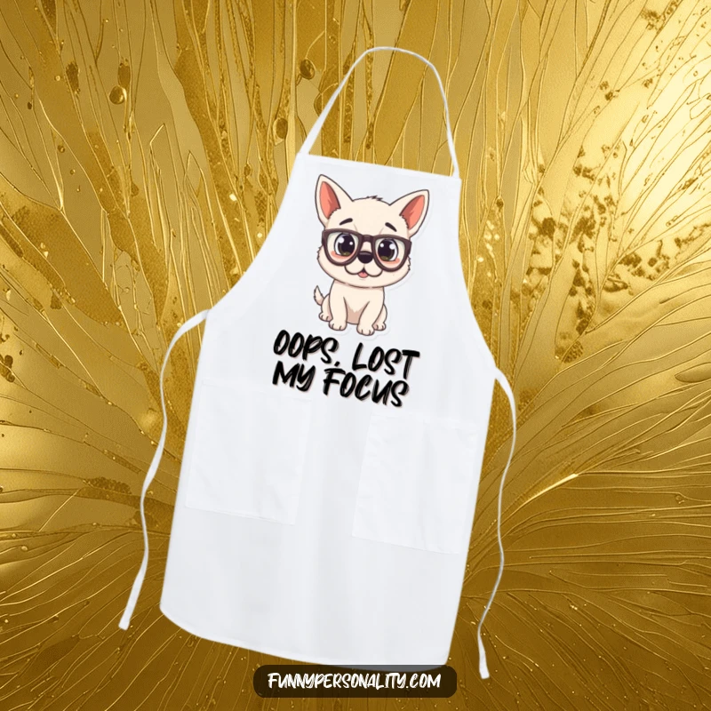 Funny Dog Apron showcasing a surprised puppy wearing oversized glasses, ideal for kitchen fun and protection.