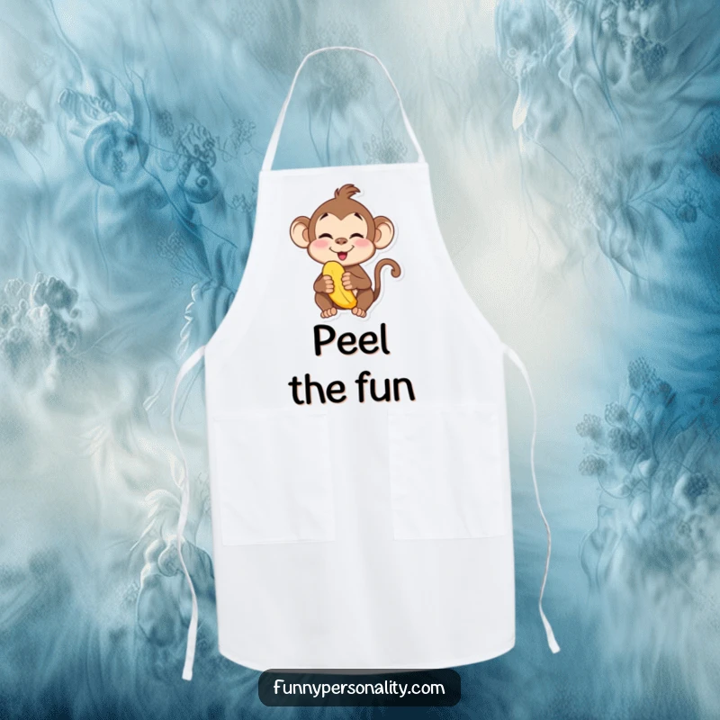Funny apron showing a playful monkey character with a silly face, holding a banana. Ideal for kitchen antics.