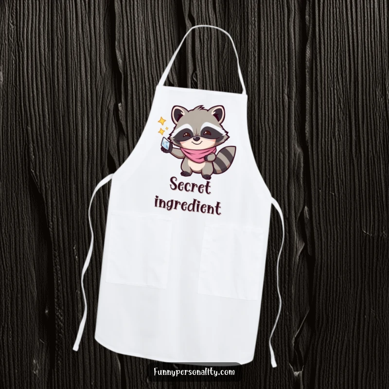 Funny Apron: A joyful raccoon wearing a mask and holding a shiny object, perfect kitchen wear for those who cook with enthusiasm and humor.