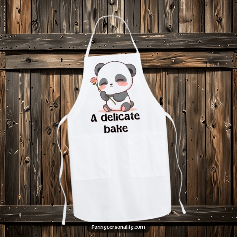 Shy panda apron showing a blushing panda character holding a flower, perfect for adding sweet charm to kitchen wear.