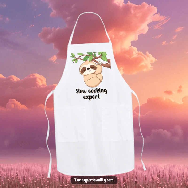 Funny Apron: A sleepy sloth smiles serenely while hanging from a branch, a humorous and practical kitchen gift.