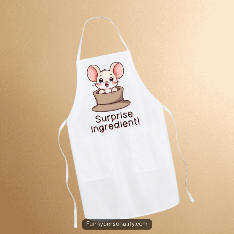 Funny apron with a surprised mouse character popping out of a tiny hat, ideal for kitchen magic and humor.