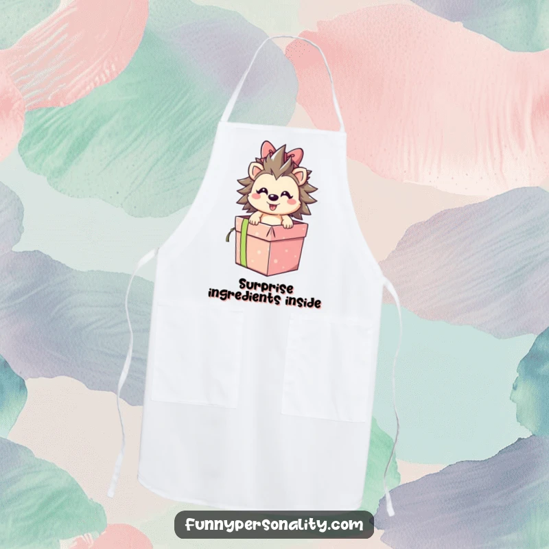 Smiling hedgehog character bursting out of a gift box on a durable apron, representing kitchen surprise and a funny gift.