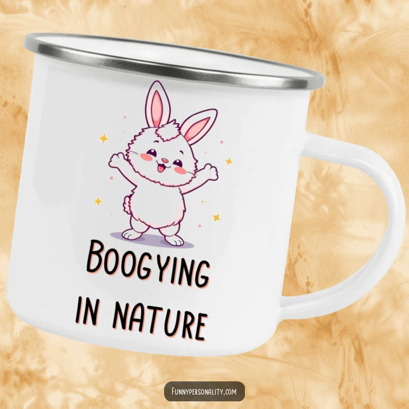 Funny enamel camping mug with a fluffy rabbit striking a confident disco dance pose, perfect for outdoor fun and dancing vibes.