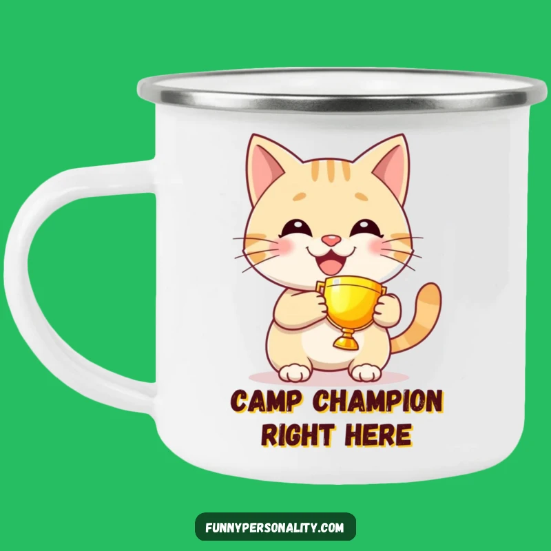 Funny Cat Trophy Camping Mug - Grinning Winner's Cup for Outdoor Triumphs