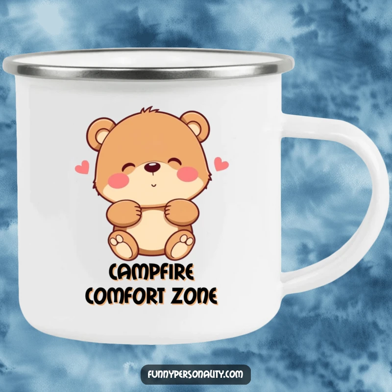 Funny bear camping mug with a character giving a warm, fuzzy hug, designed for outdoor comfort and cheer.