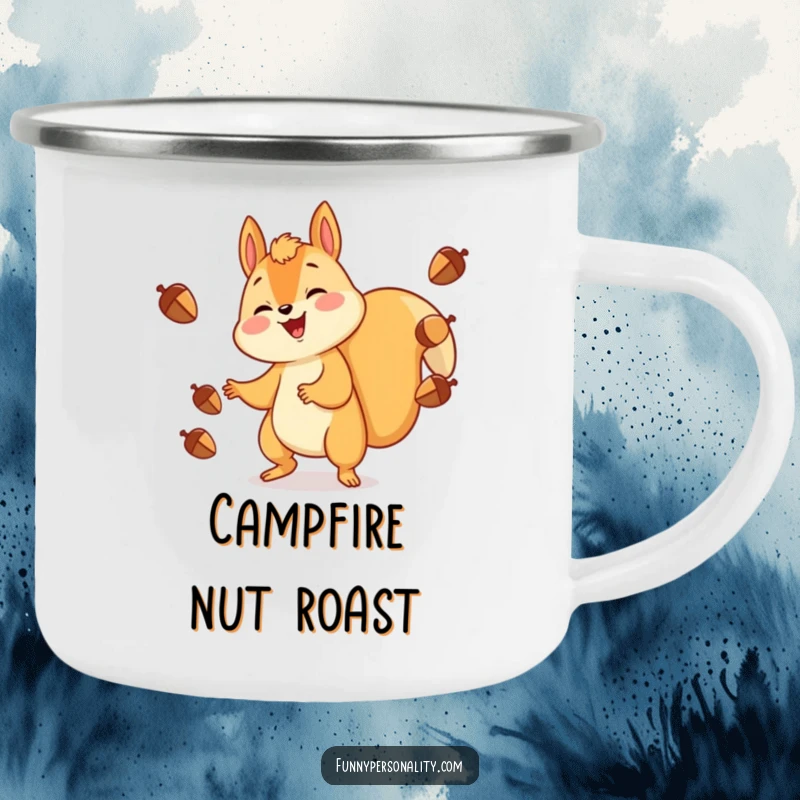 Funny Camping Mug: A gleeful squirrel juggling acorns, an enamel cup for enjoying outdoor beverages with a smile.