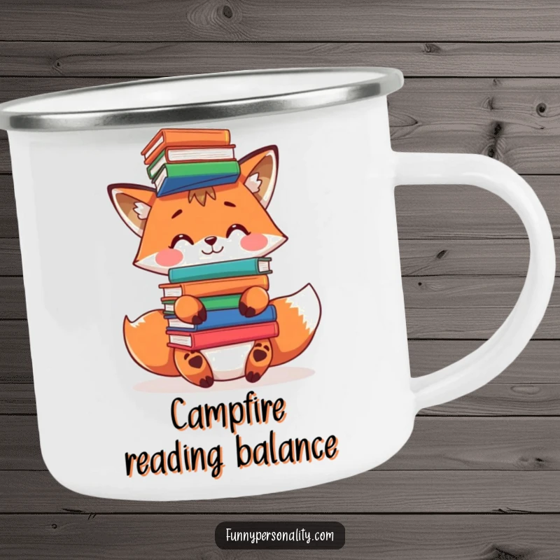 Funny fox camping mug: enamel mug with a playful fox character balancing a stack of books on its head during a hike.