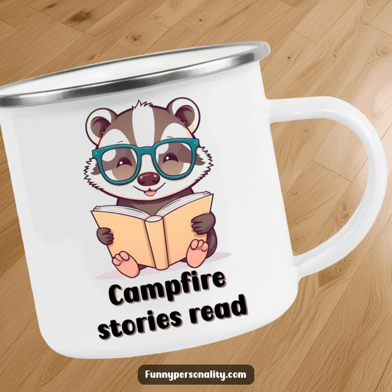 Funny camping mug: a badger in glasses reading a large book, ready for outdoor reading and humor.