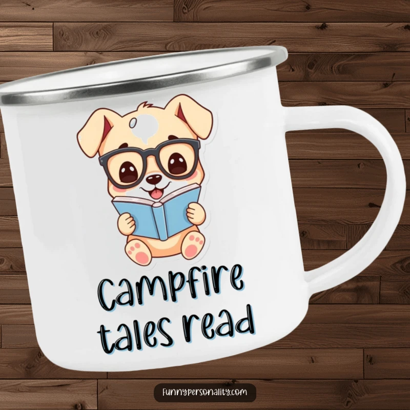 Funny enamel camping mug featuring a cartoon puppy wearing glasses, grinning while reading a book, perfect for outdoor humor.