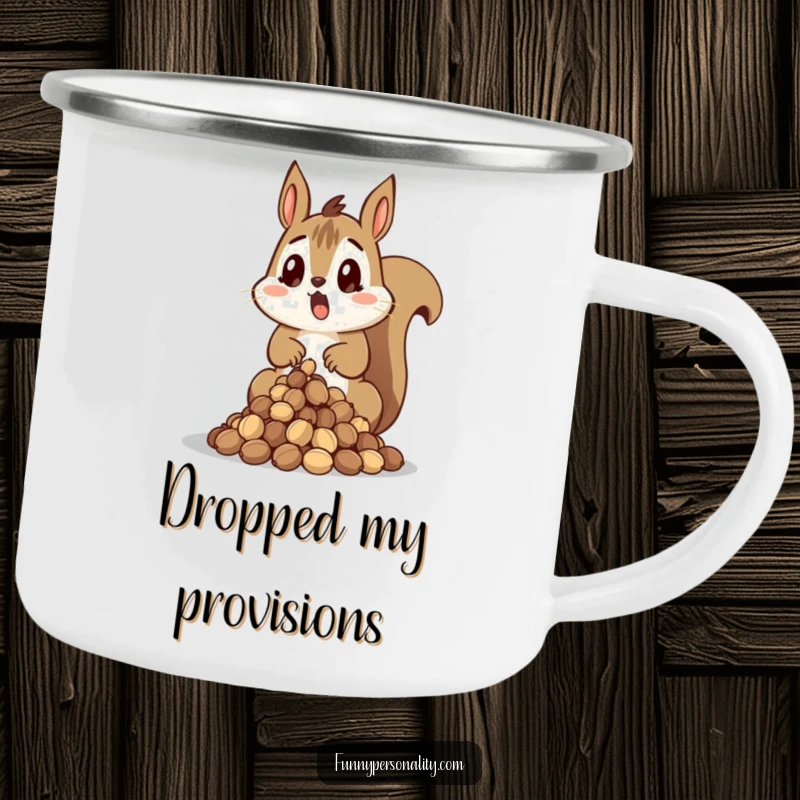 Funny Squirrel Camping Mug with a surprised squirrel dropping a pile of nuts, perfect for outdoor oops moments.