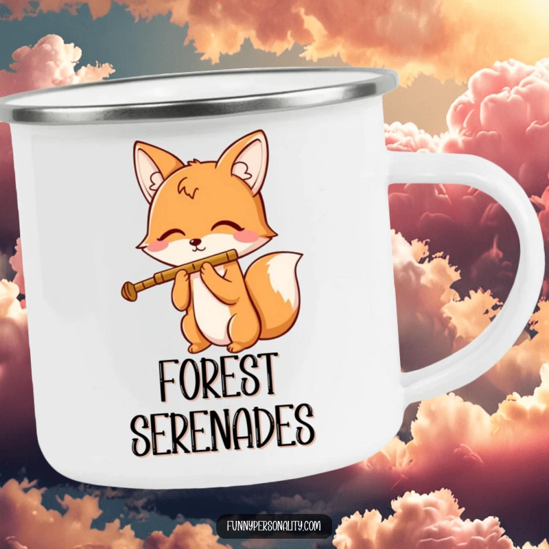 Funny camping mug featuring a cheerful fox character playing a tiny flute with closed eyes, designed for outdoor adventures and cheerful sipping.